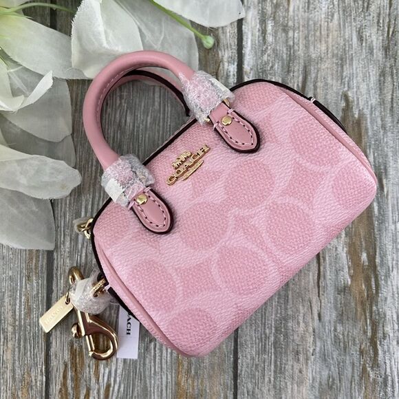 Coach Mini Rowan Bag Charm In Signature Canvas Purse Wallet Bag Powder Pink - Picture 3 of 10
